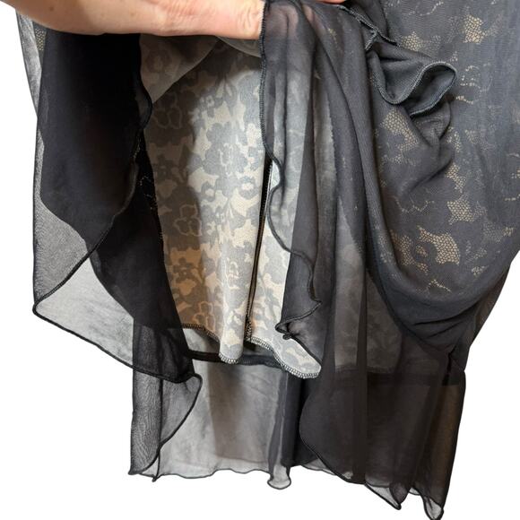 Vintage L’atelier Clientele Ruffle Dress Black Lace Print Mesh Overlay sz Large - Picture 6 of 7
